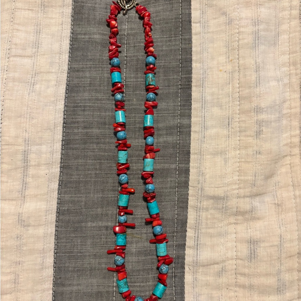Native American Turquoise and Red Beaded Necklace - Women Jewelry